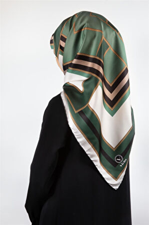 Twill Çerçeve Desenli Mint Yeşili Renkli 90x90 Eşarp (İpek İçermez) Kenar Dikiş Şekli El Dikişli