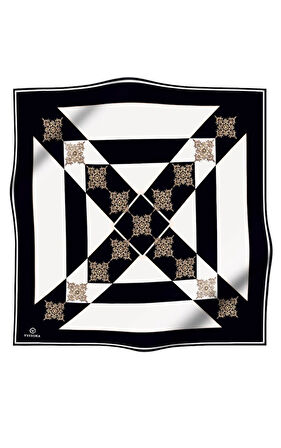 %100 Twill İpek Geometrik ve Barok Desenli Siyah - Krem Renkli 90x90 Eşarp Dikim Şekli : El Dikişi