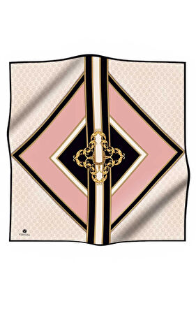 %100 Twill İpek Monogram ve Barok Desenli Pudra - Krem Renkli 90x90 Eşarp Dikim Şekli : El Dikişi
