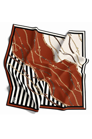 Twill Çizgili Zincir ve Kemer Desenli Taba Renkli 90x90 Eşarp (İpek İçermez) Kenar Dikiş Şekli El Dikişli