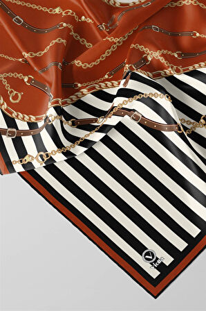 Twill Çizgili Zincir ve Kemer Desenli Taba Renkli 90x90 Eşarp (İpek İçermez) Kenar Dikiş Şekli El Dikişli