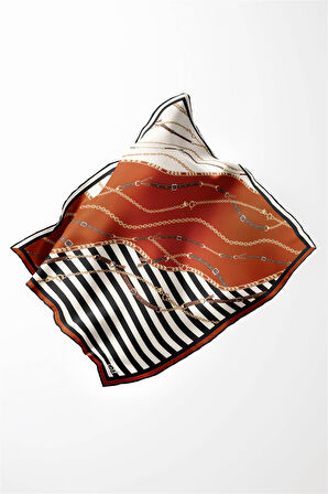 Twill Çizgili Zincir ve Kemer Desenli Taba Renkli 90x90 Eşarp (İpek İçermez) Kenar Dikiş Şekli El Dikişli