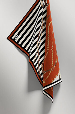 Twill Çizgili Zincir ve Kemer Desenli Taba Renkli 90x90 Eşarp (İpek İçermez) Kenar Dikiş Şekli El Dikişli