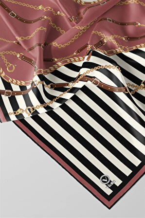 Twill Çizgili Zincir ve Kemer Desenli Pudra Renkli 90x90 Eşarp (İpek İçermez) Kenar Dikiş Şekli El Dikişli