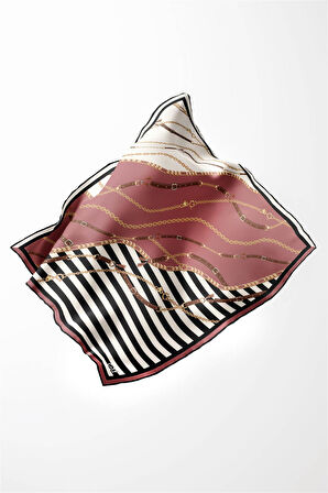 Twill Çizgili Zincir ve Kemer Desenli Pudra Renkli 90x90 Eşarp (İpek İçermez) Kenar Dikiş Şekli El Dikişli