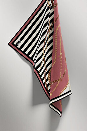 Twill Çizgili Zincir ve Kemer Desenli Pudra Renkli 90x90 Eşarp (İpek İçermez) Kenar Dikiş Şekli El Dikişli