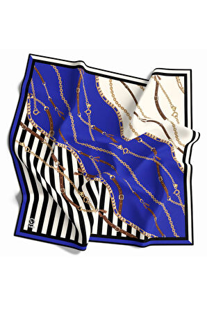 Twill Çizgili Zincir ve Kemer Desenli Saks Renkli 90x90 Eşarp (İpek İçermez) Kenar Dikiş Şekli El Dikişli