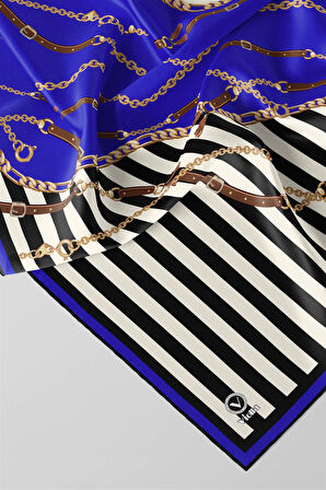 Twill Çizgili Zincir ve Kemer Desenli Saks Renkli 90x90 Eşarp (İpek İçermez) Kenar Dikiş Şekli El Dikişli