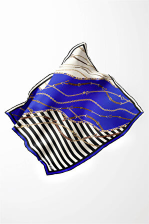 Twill Çizgili Zincir ve Kemer Desenli Saks Renkli 90x90 Eşarp (İpek İçermez) Kenar Dikiş Şekli El Dikişli