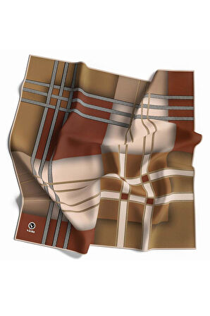 Twill Geometrik Desenli Taba - Hardal Renkli 90x90 Eşarp (İpek İçermez) Kenar Dikiş Şekli El Dikişli