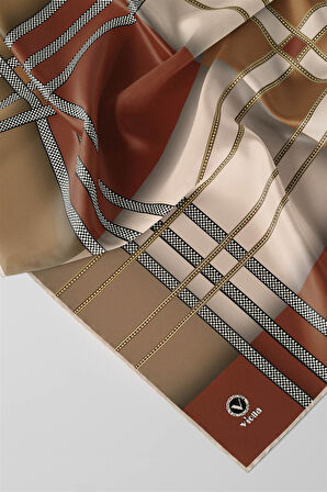 Twill Geometrik Desenli Taba - Hardal Renkli 90x90 Eşarp (İpek İçermez) Kenar Dikiş Şekli El Dikişli