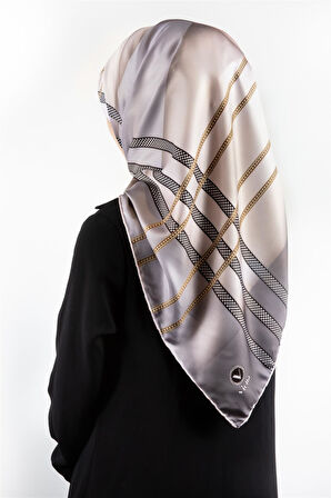 Twill Geometrik Desenli Gri - Bej Renkli 90x90 Eşarp (İpek İçermez) Kenar Dikiş Şekli El Dikişli
