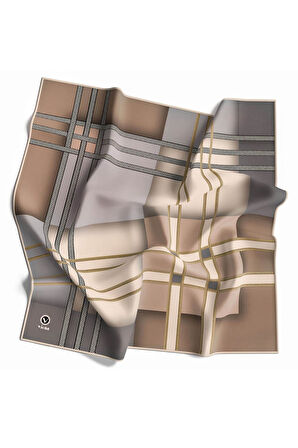 Twill Geometrik Desenli Gri - Bej Renkli 90x90 Eşarp (İpek İçermez) Kenar Dikiş Şekli El Dikişli