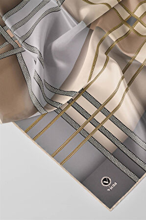 Twill Geometrik Desenli Gri - Bej Renkli 90x90 Eşarp (İpek İçermez) Kenar Dikiş Şekli El Dikişli