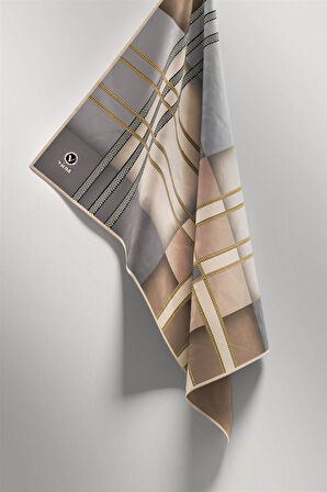 Twill Geometrik Desenli Gri - Bej Renkli 90x90 Eşarp (İpek İçermez) Kenar Dikiş Şekli El Dikişli