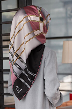 Twill Geometrik Desenli Gri - Pudra Renkli 90x90 Eşarp (İpek İçermez) Kenar Dikiş Şekli El Dikişli
