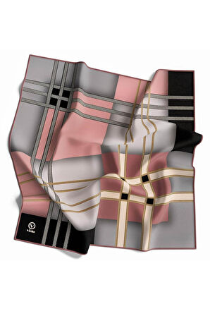 Twill Geometrik Desenli Gri - Pudra Renkli 90x90 Eşarp (İpek İçermez) Kenar Dikiş Şekli El Dikişli