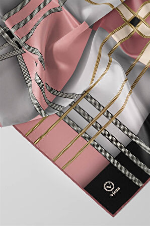 Twill Geometrik Desenli Gri - Pudra Renkli 90x90 Eşarp (İpek İçermez) Kenar Dikiş Şekli El Dikişli