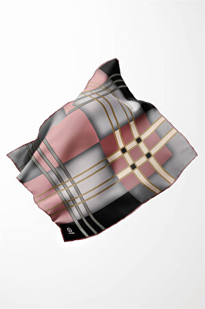 Twill Geometrik Desenli Gri - Pudra Renkli 90x90 Eşarp (İpek İçermez) Kenar Dikiş Şekli El Dikişli