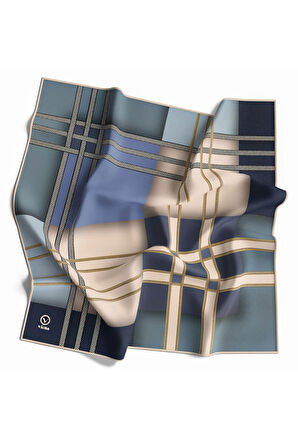 Twill Geometrik Desenli Bebe Mavisi Renkli 90x90 Eşarp (İpek İçermez) Kenar Dikiş Şekli El Dikişli
