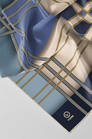 Twill Geometrik Desenli Bebe Mavisi Renkli 90x90 Eşarp (İpek İçermez) Kenar Dikiş Şekli El Dikişli