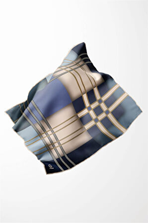 Twill Geometrik Desenli Bebe Mavisi Renkli 90x90 Eşarp (İpek İçermez) Kenar Dikiş Şekli El Dikişli