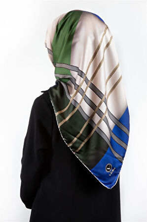 Twill Geometrik Desenli Zümrüt Yeşili - Saks Renkli 90x90 Eşarp (İpek İçermez) Kenar Dikiş Şekli El Dikişli