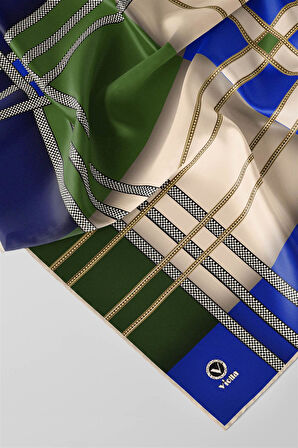 Twill Geometrik Desenli Zümrüt Yeşili - Saks Renkli 90x90 Eşarp (İpek İçermez) Kenar Dikiş Şekli El Dikişli