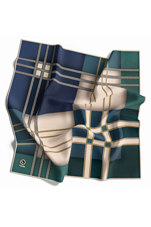 Twill Geometrik Desenli Petrol Yeşili - İndigo Renkli 90x90 Eşarp (İpek İçermez) Kenar Dikiş Şekli El Dikişli
