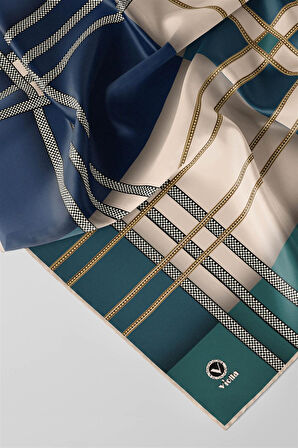 Twill Geometrik Desenli Petrol Yeşili - İndigo Renkli 90x90 Eşarp (İpek İçermez) Kenar Dikiş Şekli El Dikişli