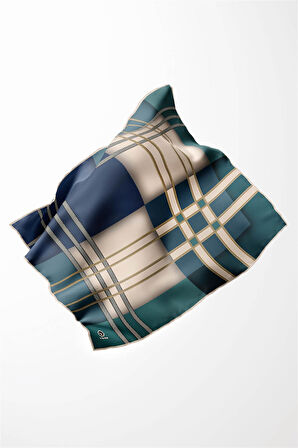 Twill Geometrik Desenli Petrol Yeşili - İndigo Renkli 90x90 Eşarp (İpek İçermez) Kenar Dikiş Şekli El Dikişli