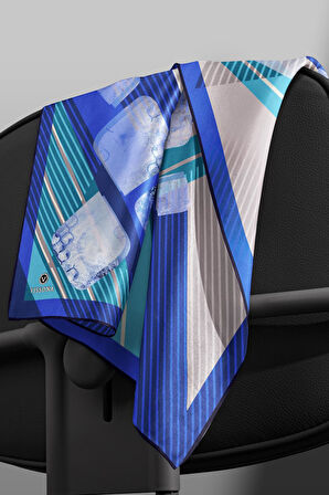 %100 Twill İpek Geometrik Desenli Saks - Mint Yeşili Renkli 90x90 Eşarp Dikim Şekli : El Dikişi