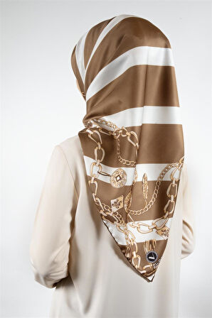 Twill Çizgili Zincir Desenli Vizon Renkli 90x90 Eşarp (İpek İçermez) Kenar Dikiş Şekli El Dikişli