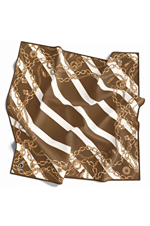 Twill Çizgili Zincir Desenli Vizon Renkli 90x90 Eşarp (İpek İçermez) Kenar Dikiş Şekli El Dikişli