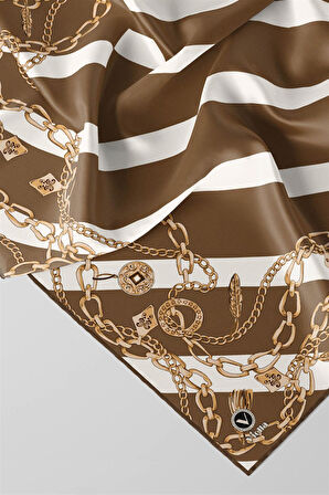 Twill Çizgili Zincir Desenli Vizon Renkli 90x90 Eşarp (İpek İçermez) Kenar Dikiş Şekli El Dikişli