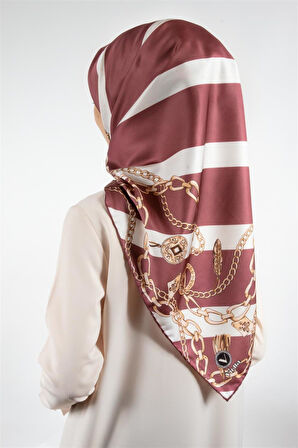 Twill Çizgili Zincir Desenli Pudra Renkli 90x90 Eşarp (İpek İçermez) Kenar Dikiş Şekli El Dikişli