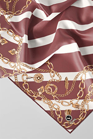 Twill Çizgili Zincir Desenli Pudra Renkli 90x90 Eşarp (İpek İçermez) Kenar Dikiş Şekli El Dikişli