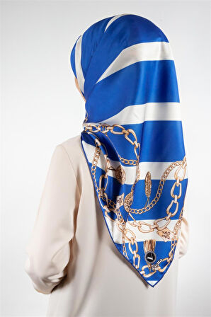 Twill Çizgili Zincir Desenli Saks Renkli 90x90 Eşarp (İpek İçermez) Kenar Dikiş Şekli El Dikişli