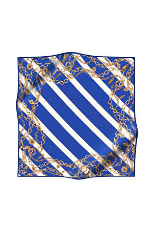 Twill Çizgili Zincir Desenli Saks Renkli 90x90 Eşarp (İpek İçermez) Kenar Dikiş Şekli El Dikişli
