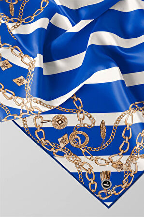 Twill Çizgili Zincir Desenli Saks Renkli 90x90 Eşarp (İpek İçermez) Kenar Dikiş Şekli El Dikişli