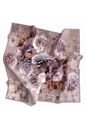 Rayon Büyük Çiçek Desenli Vizon Renkli 90x90 Eşarp (İpek İçermez) Kenar Dikiş Şekli El Dikişli