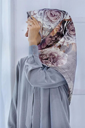 Rayon Büyük Çiçek Desenli Gri Renkli 90x90 Eşarp (İpek İçermez) Kenar Dikiş Şekli El Dikişli