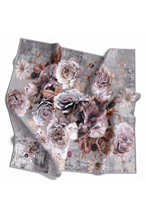 Rayon Büyük Çiçek Desenli Gri Renkli 90x90 Eşarp (İpek İçermez) Kenar Dikiş Şekli El Dikişli