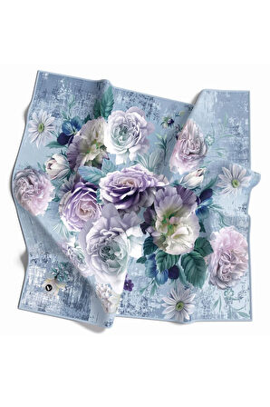 Rayon Büyük Çiçek Desenli Buz Mavisi Renkli 90x90 Eşarp (İpek İçermez) Kenar Dikiş Şekli El Dikişli