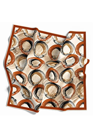 Twill Geometrik Fırça Darbesi Desenli Taba Renkli 90x90 Eşarp (İpek İçermez) Kenar Dikiş Şekli El Dikişli