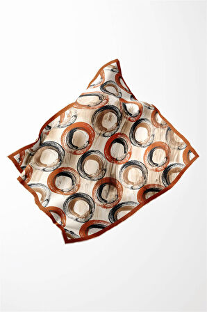 Twill Geometrik Fırça Darbesi Desenli Taba Renkli 90x90 Eşarp (İpek İçermez) Kenar Dikiş Şekli El Dikişli