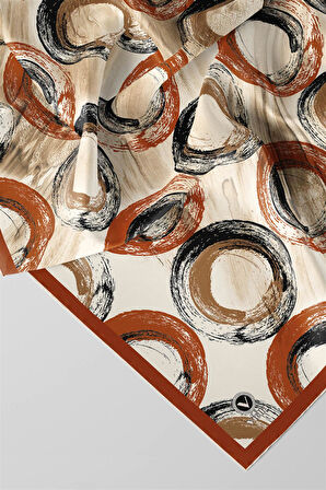 Twill Geometrik Fırça Darbesi Desenli Taba Renkli 90x90 Eşarp (İpek İçermez) Kenar Dikiş Şekli El Dikişli