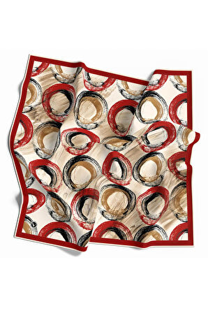 Twill Geometrik Fırça Darbesi Desenli Kırmızı Renkli 90x90 Eşarp (İpek İçermez) Kenar Dikiş Şekli El Dikişli