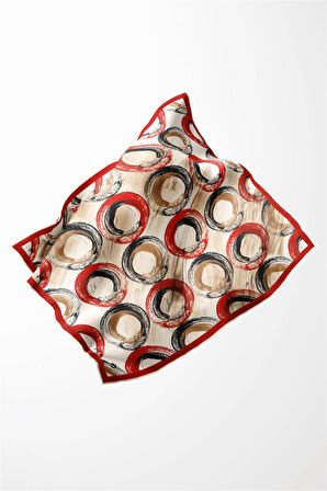 Twill Geometrik Fırça Darbesi Desenli Kırmızı Renkli 90x90 Eşarp (İpek İçermez) Kenar Dikiş Şekli El Dikişli