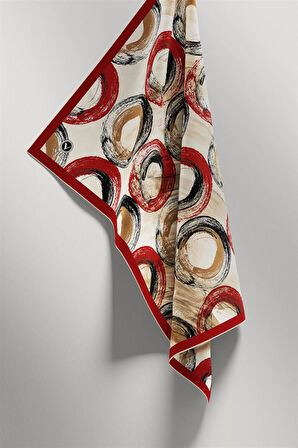 Twill Geometrik Fırça Darbesi Desenli Kırmızı Renkli 90x90 Eşarp (İpek İçermez) Kenar Dikiş Şekli El Dikişli